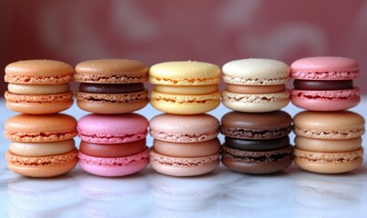 Obraz premium Colorful Assortment of Delicious Macarons Displayed on a Neutral Background