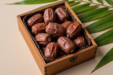 A Close-Up View of Premium Medjool Dates in a Wooden Box Surrounded by Green Leaves, Perfect for a Healthy Snack or Gourmet Treat