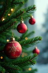 Obraz premium Hanging Christmas ornaments on a green fir tree branch, evergreen branch, festive decor, ornament display