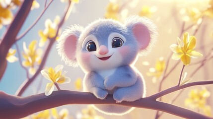 A cute cartoon koala smiling on a tree branch with flowers