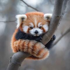 Baby red panda sitting on a tree branch, looking curiously at the camera, soft and vibrant, UHD 8K 