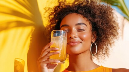 Curly haired woman enjoys a refreshing drink under the sun's warm glow