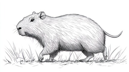Capybara sketch walking in grass.  Possible use Educational material or nature illustration