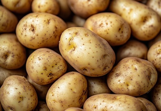 Freshly harvested organic potatoes piled together showcasing their earthy textures and natural colors, perfect for culinary and agricultural themes.