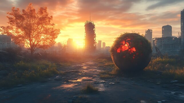 Wasteland sunset with glowing sphere ruins - Powered by Adobe