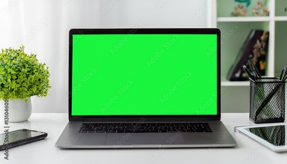 Poster chroma key mockup green screen laptop setup on textured table, closeup computer display against vibr