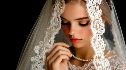 Elegant Bride with Lace Veil and Soft Expression in Romantic Portrait Photography
