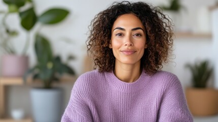 Woman in purple sweater finds tranquility in her cozy living room