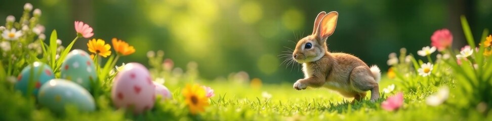 Obraz premium Hopping bunny in garden with eggs amidst flowers and greenery, flowers, bunny, garden