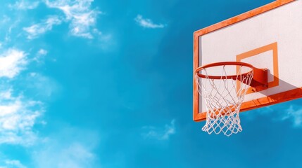 Colorful basketball hoop against a bright blue sky adds a playful touch