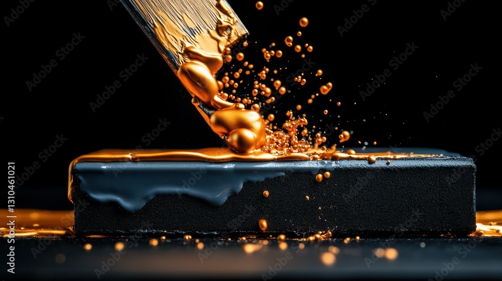 Poster vivid splashes of golden paint creating dynamic art on a black canvas surface
