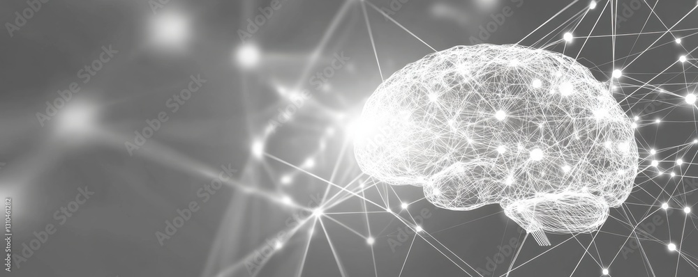 Poster a minimalist gray background with white lines depicting an artificial intelligence brain made of dot
