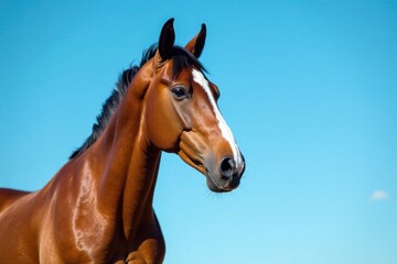 Obraz premium Horse standing alone against a blue sky background, farm animal, rural, horses