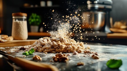 Flour, nuts, and herbs on kitchen counter with splashes and baking tools in background