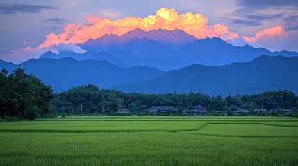 Naklejka premium Sunrise over rice paddy, mountain range