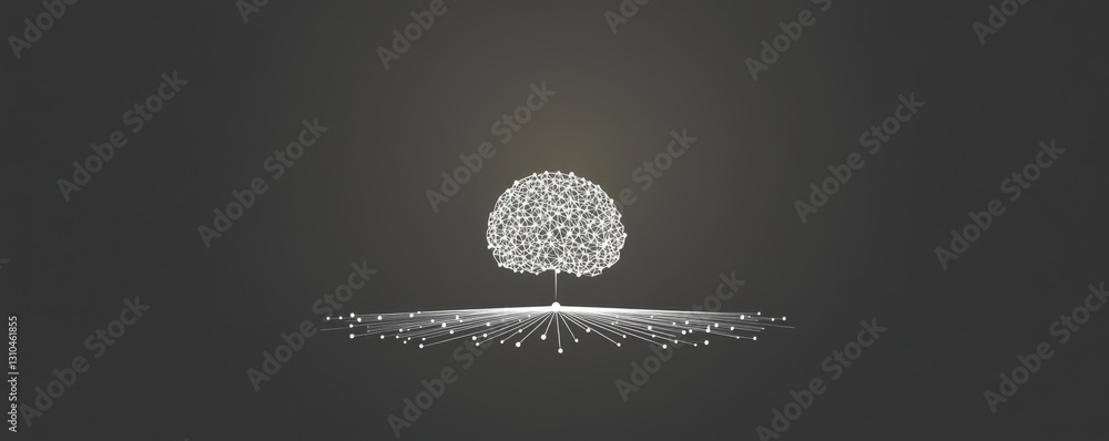 Poster a minimalistic, simple gray background with an illustration of the brain made up of lines and dots c