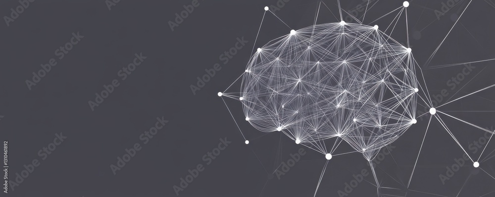 Poster a minimalistic, simple graphic of the brain made from white lines on a grey background, connected wi