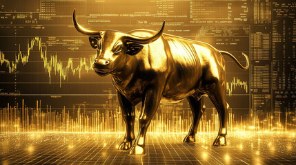 Gold bull and bull market concept on the background of stock candlestick chart