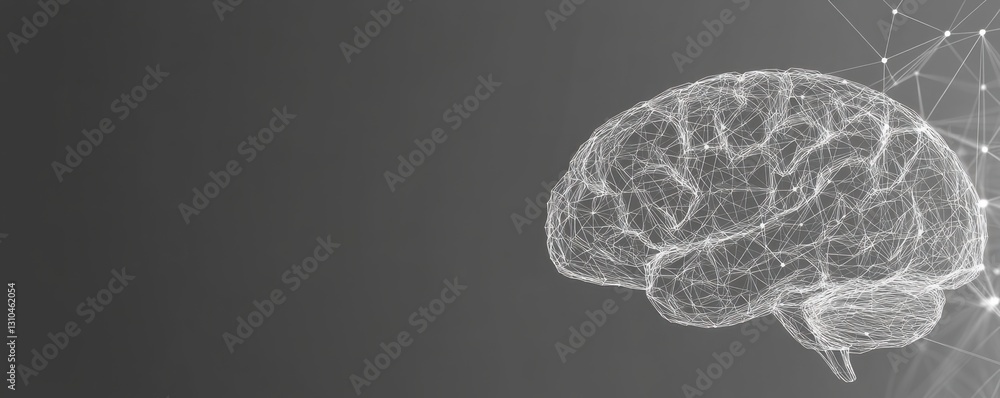 Poster minimalist gray background with a simple white outline of a brain, with some lines connecting the do