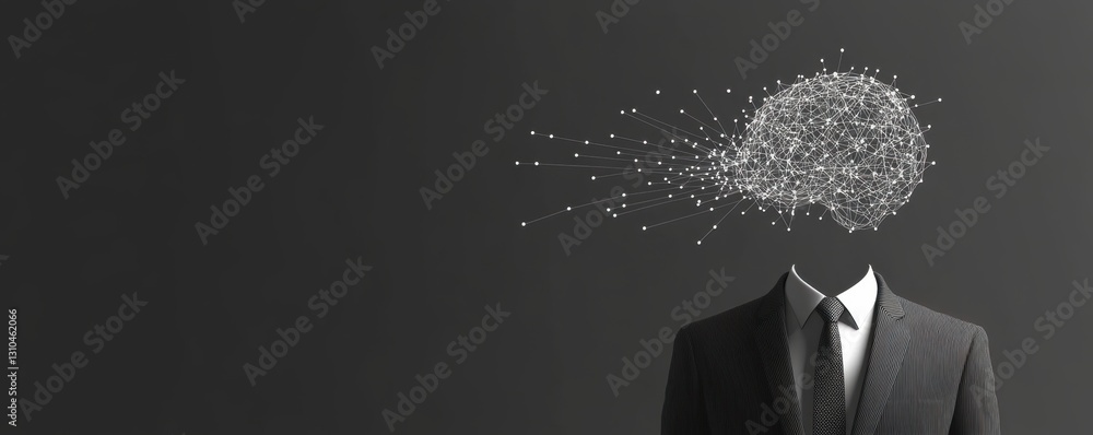 Poster a minimalistic gray background with an illustration of the human brain made up of many lines and dot