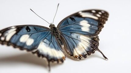 Fototapeta premium Delicate beauty of a blue butterfly resting on a pristine white canvas