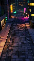 Neon-lit city street at night