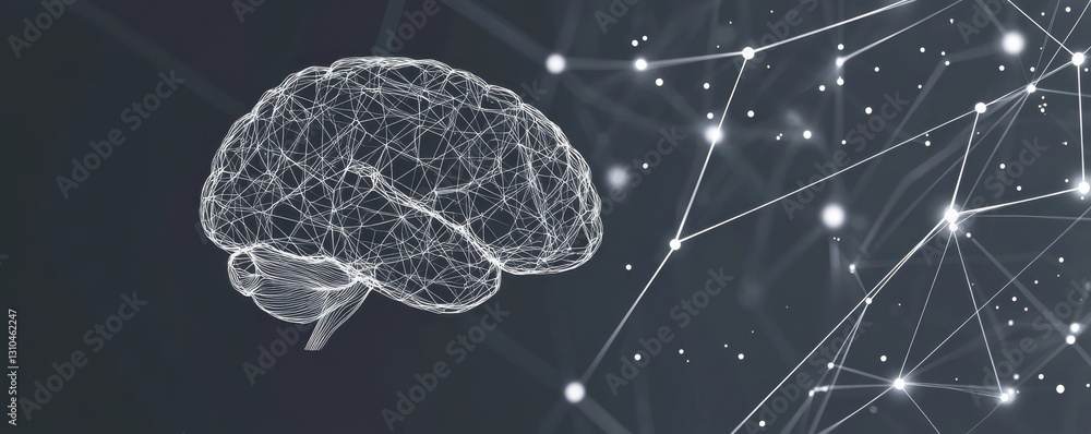 Poster minimalist gray background with a simple white outline of an artificial intelligence brain, with lin