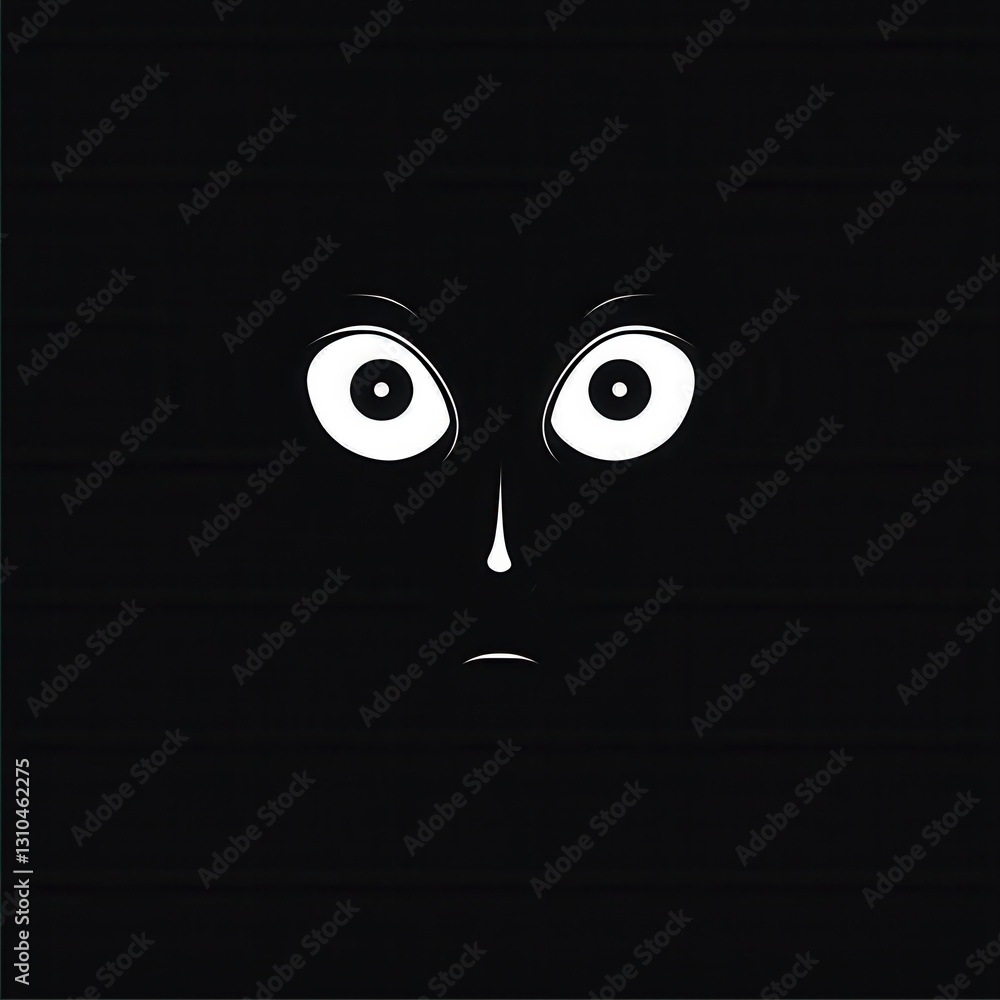 Poster minimalist icon depicting a dark face with wide fearful eyes expressing eerie emotions in a monochro