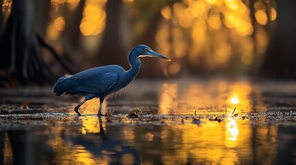 Heron wading at sunrise, swamp reflection