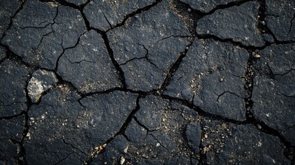 Fototapeta premium Cracked asphalt surface with deep fractures and rough texture showing dark pavement with broken gaps and natural patterns