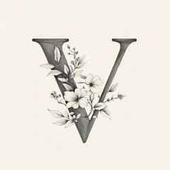  V of the alphabet monochrome. A capital letter in a sleek with floral elements within its structure