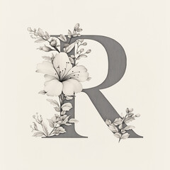  R of the alphabet monochrome. A capital letter in a sleek with floral elements within its structure