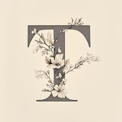  T of the alphabet monochrome. A capital letter in a sleek with floral elements within its structure