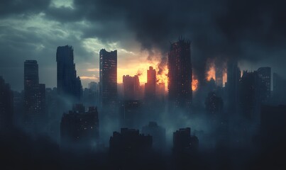 Dramatic Cityscape of a Burning Metropolis with Apocalyptic Atmosphere