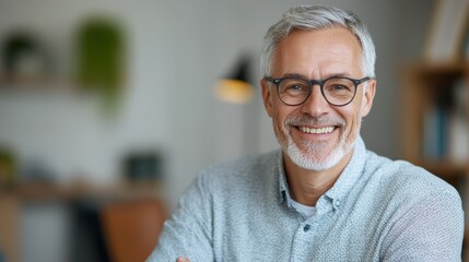Senior man embraces his son with a warm smile in cozy living room setting