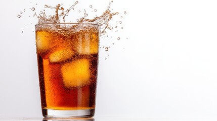 Cola drink splashes with bubbles and ice on a pure white background