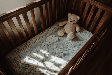 Cozy Nursery with Crib, Soft Toys, and Knit Blanket in Warm Natural Light
