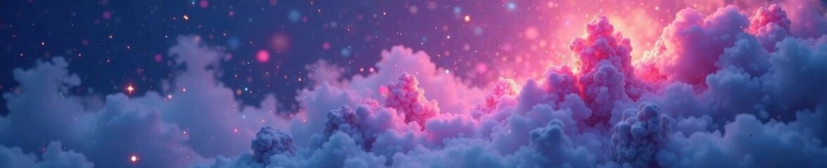 Iridescent mist surrounds glowing crystal formations, shimmering, holographic, cosmic