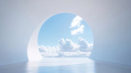 Circular window, bright sky, white room, hope
