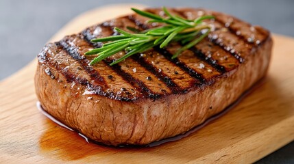 Savor the rich flavors of grilled steak garnished with fresh rosemary