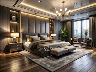 Elegant Modern Master Bedroom Night Photography - Interior Design Stock Photo