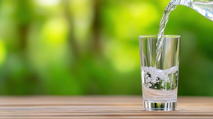 Pouring refreshing water into a clear glass with a lush green background