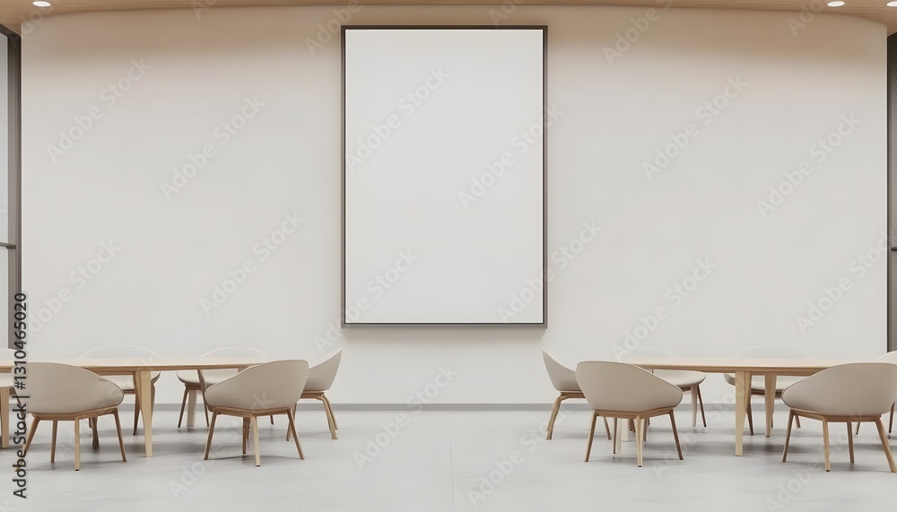Poster minimalist interior design with two dining tables and blank canvas