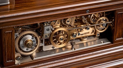 Intricate Clockwork Mechanism, Wooden Case