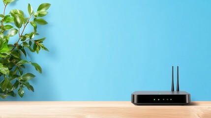 Modern wireless router on wooden table against a serene blue background