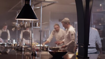 Male chef in apron placing dish for service on counter