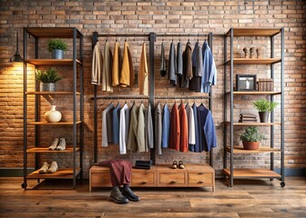 Elegant Open Wardrobe in Industrial Chic Interior - Wooden Shelves & Hanging Racks