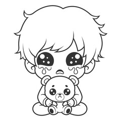 A boy is crying while hugging a doll, for coloring