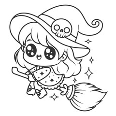 Little girl becomes a cute witch, for coloring