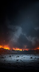 Fototapeta premium Apocalyptic landscape with wildfire blazing on horizon. Dramatic night scene of forest fire disaster. Climate change impact. Dramatic background for war, apocalypse, or disaster themes with copy space